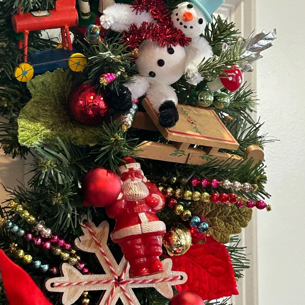 Vintage Repurposed Festive Holiday Wreath with Red Accents - Picture 7 of 10